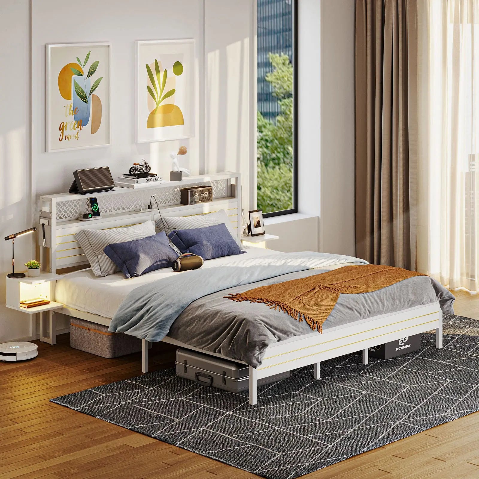 full bed frame with horizontal golden stripe storage headboard Bestier