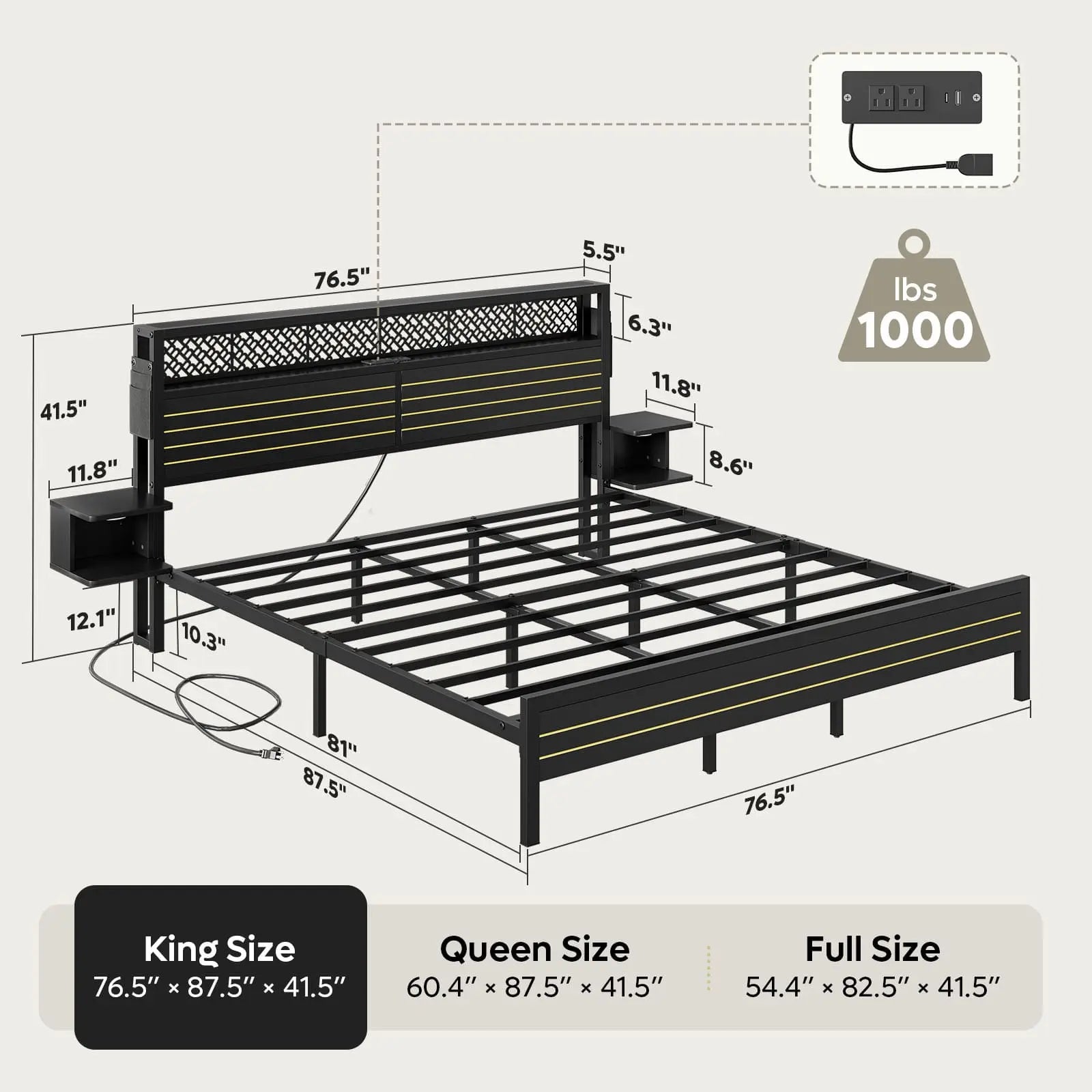 full bed frame with horizontal golden stripe storage headboard Bestier