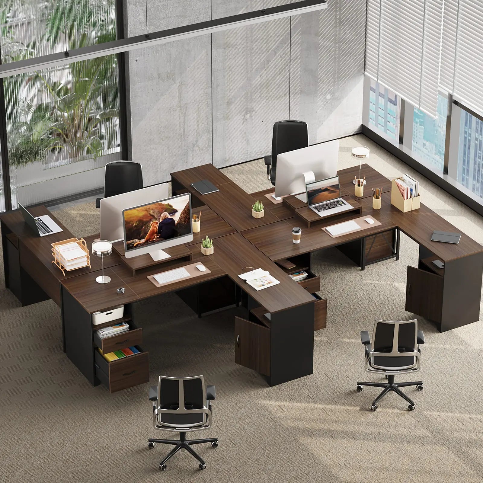 some l shaped desks in a office