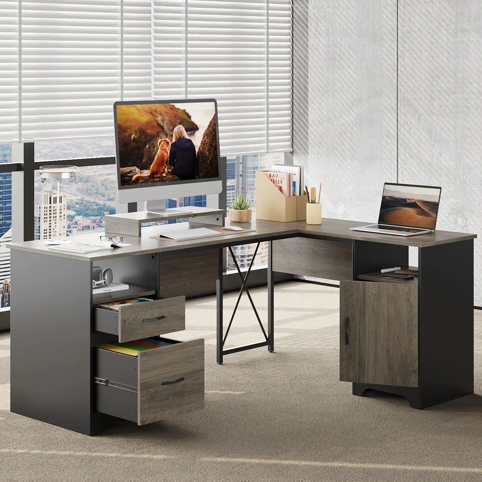 the gray l shaped desk with file drawers in a room