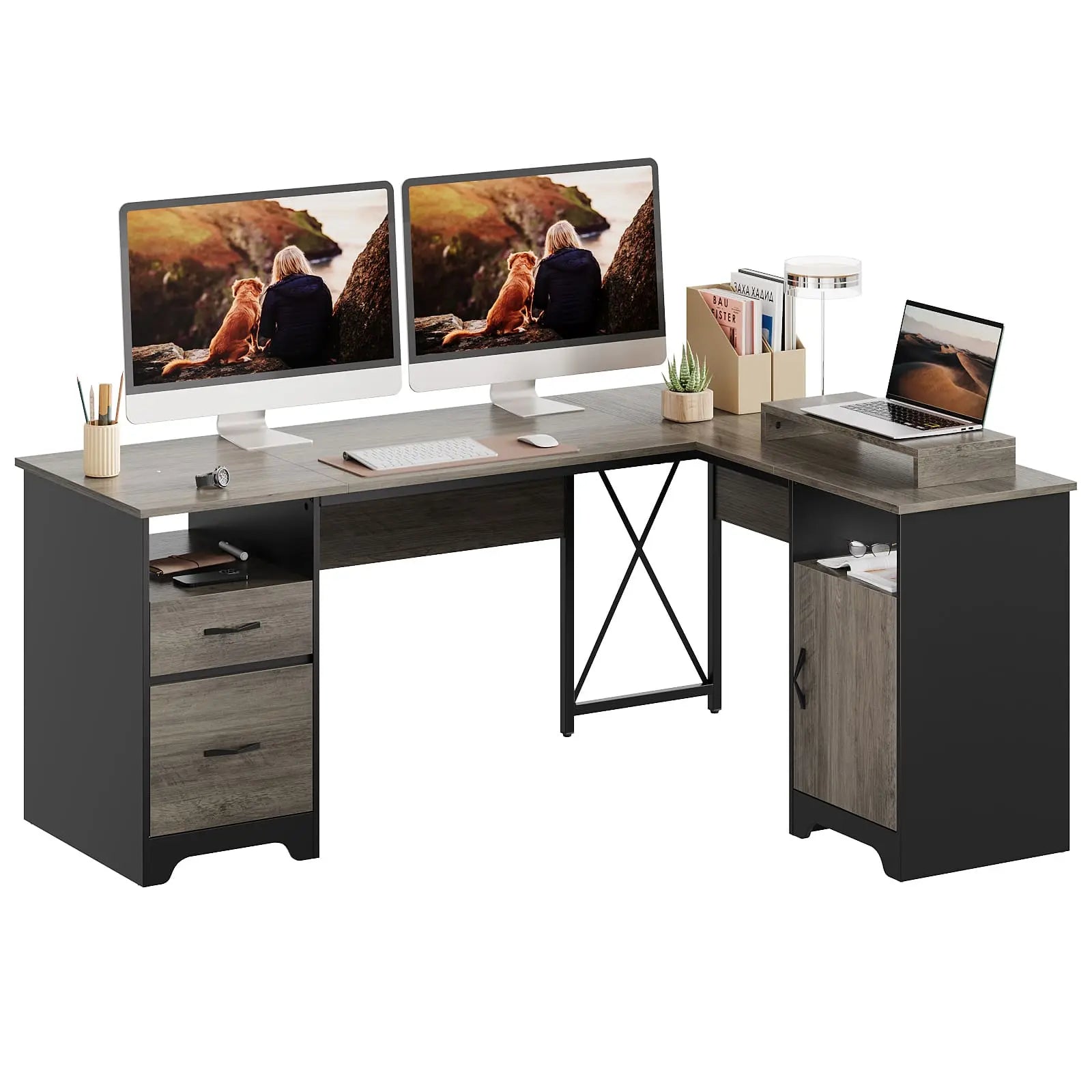 a gray l shaped desk with file drawers in the white background