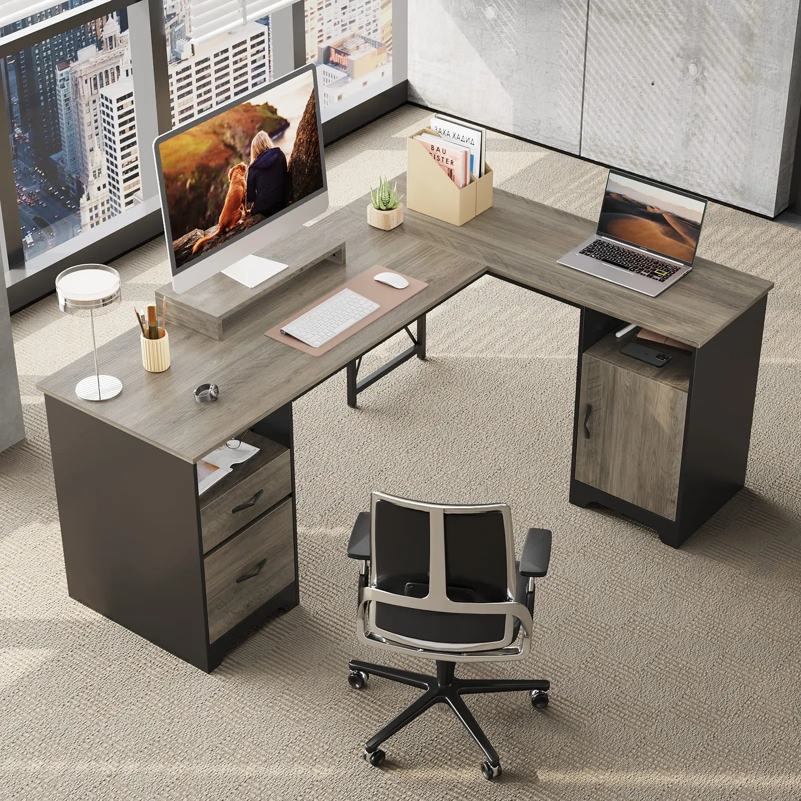 a gray l shaped desk with file drawers next to the window