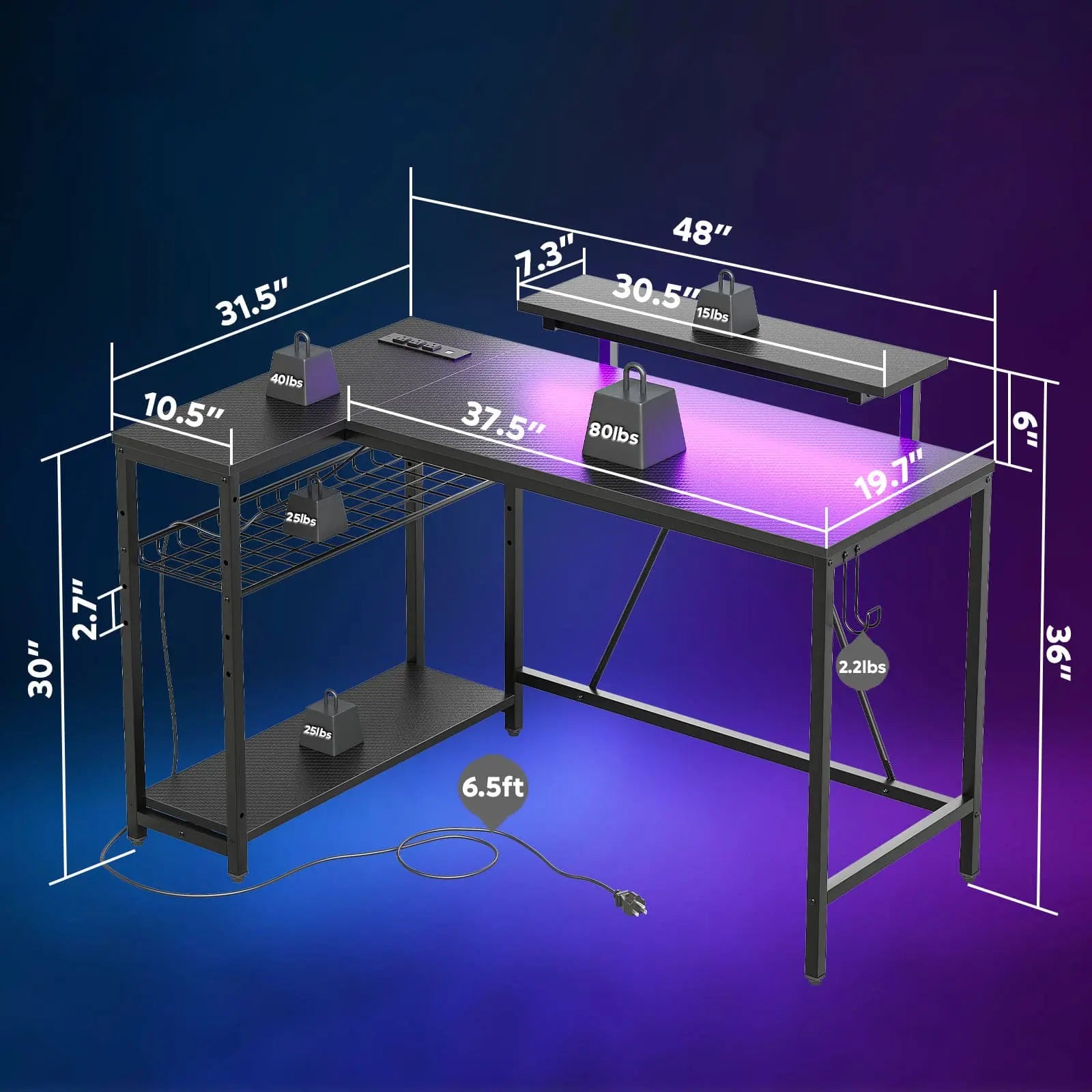 the size of this led l shaped gaming desk