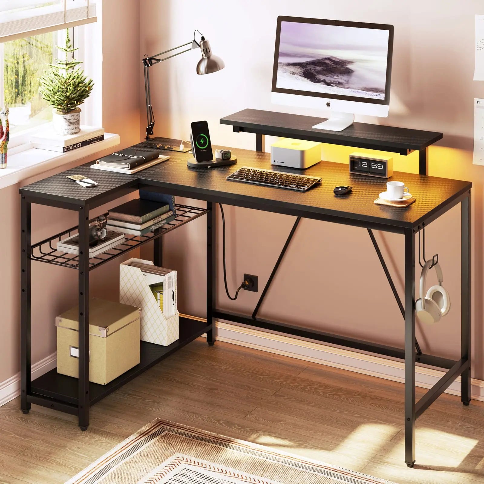 the black led l shaped gaming desk next to the window
