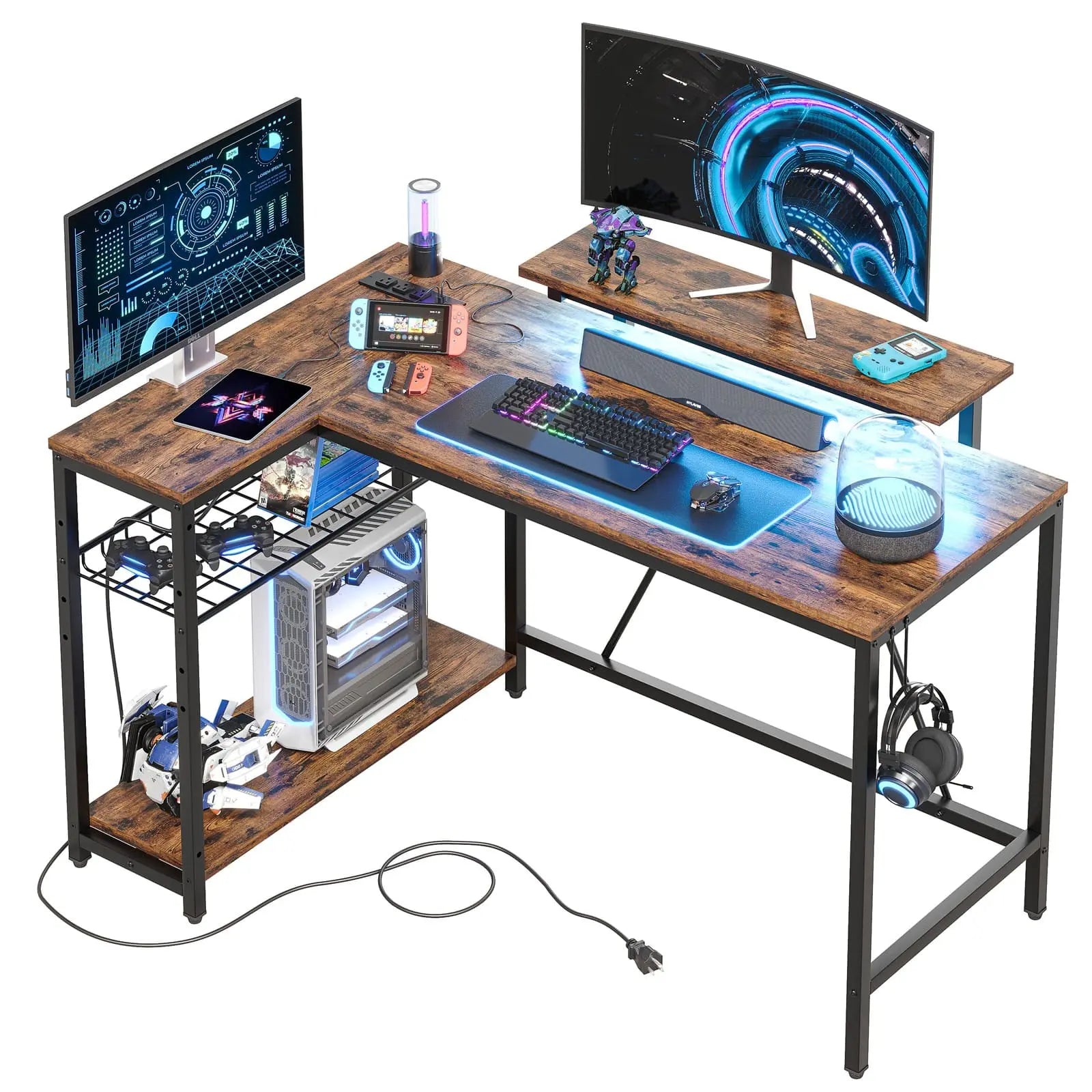 the rusitc brown led l shaped gaming desk in the white background