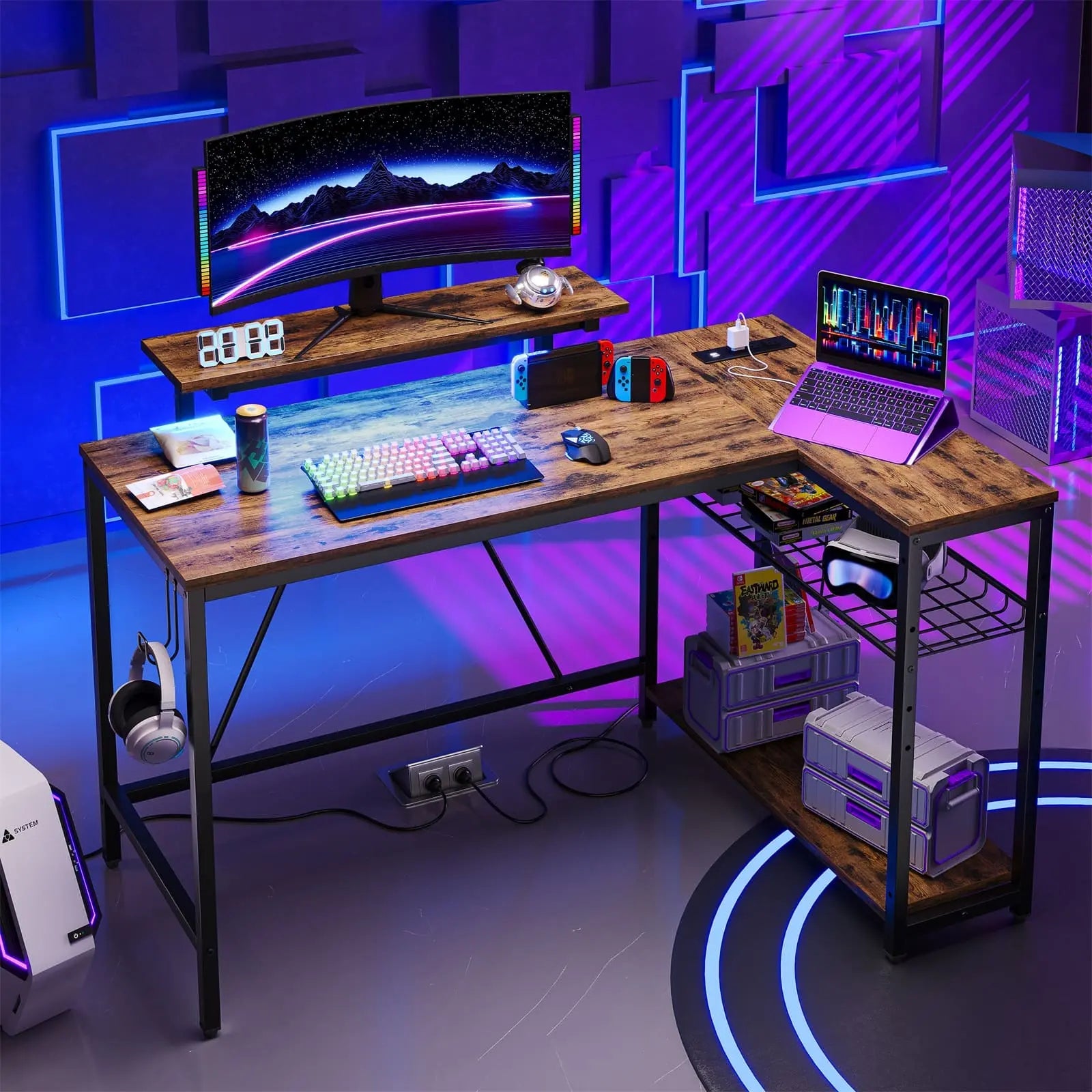 the rustic brown led l shaped gaming desk in the gaming room