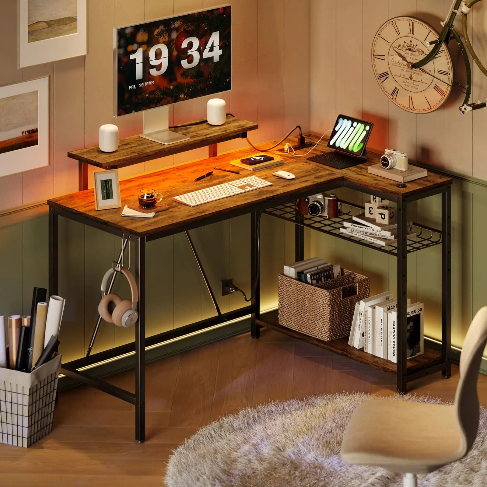 a computer on the rustic brown led l shaped gaming desk