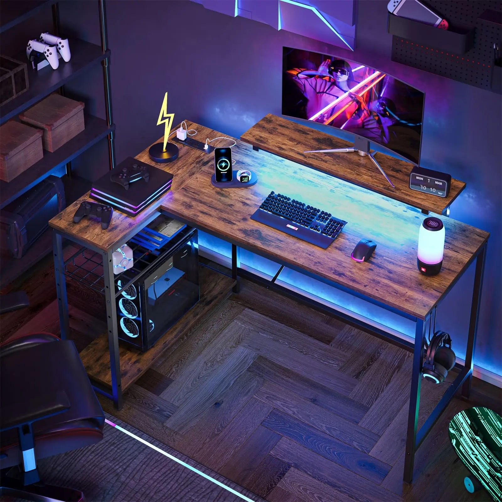 the rustic brown led l shaped gaming desk