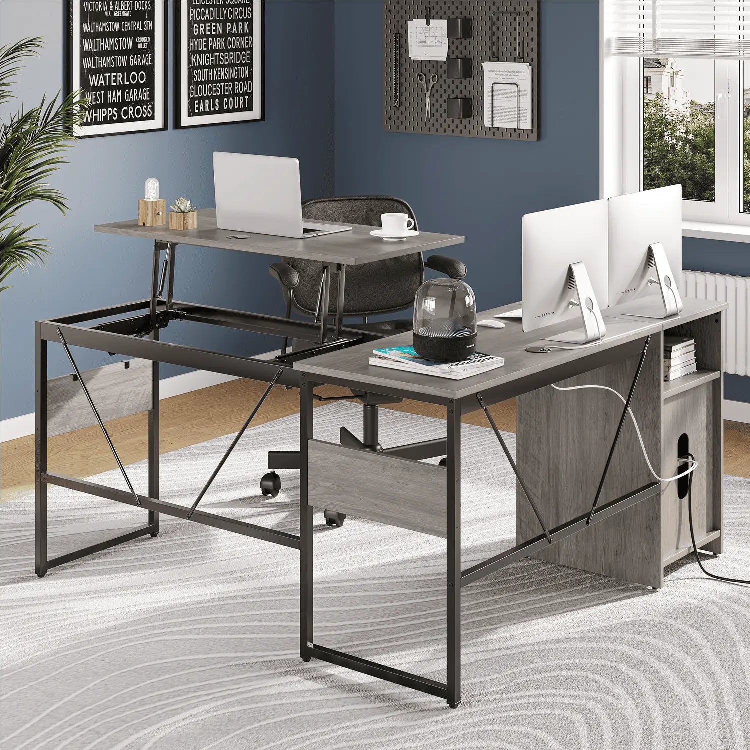 the wash grey l shaped standing desk with file cabinet in a room