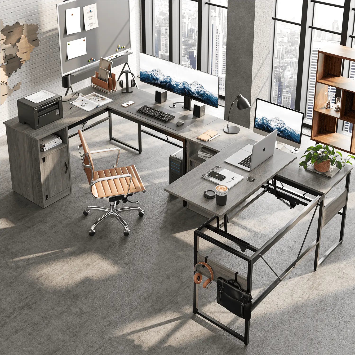 the wash grey l shaped standing desk with file cabinet in the home office