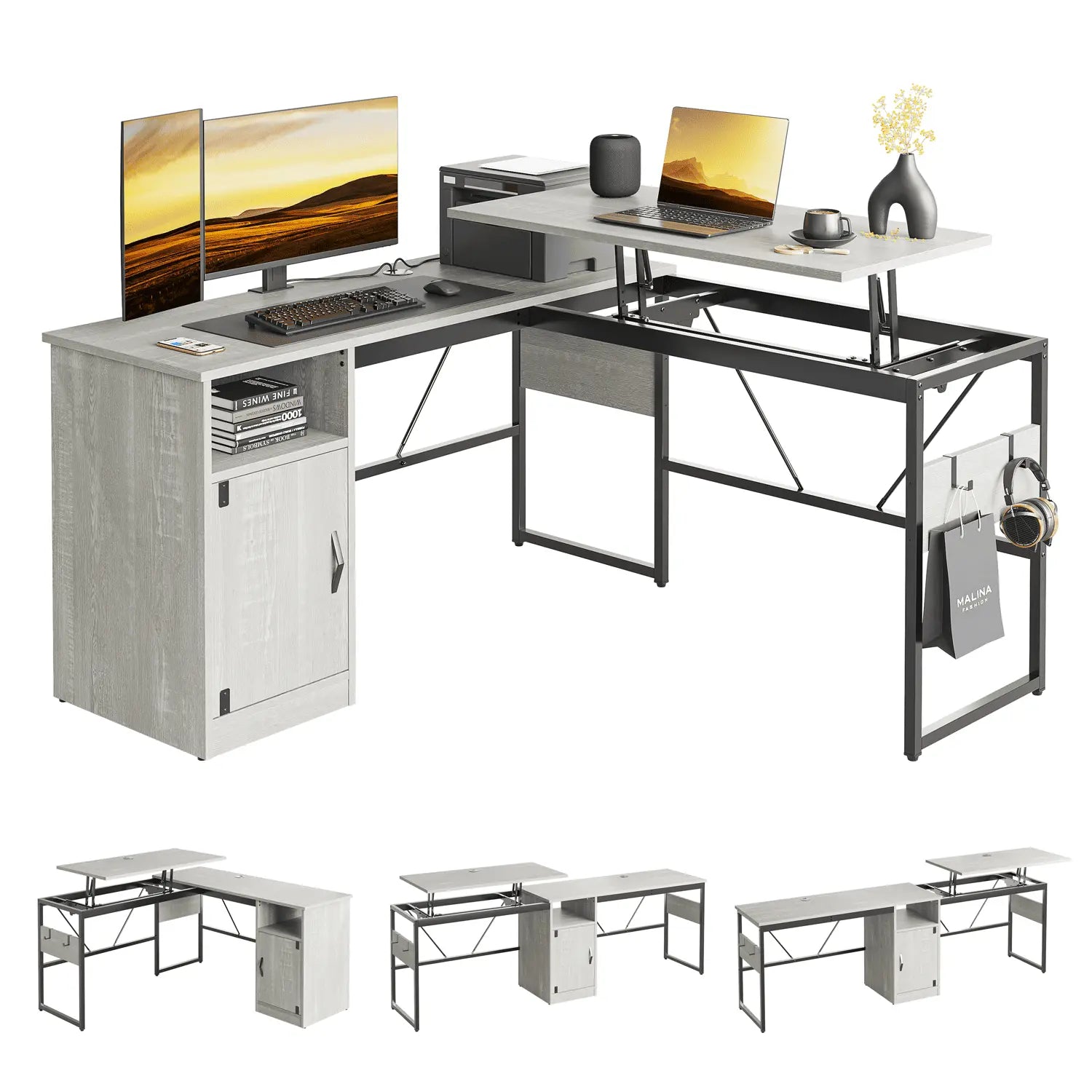 the wash white l shaped standing desk with file cabinet in the white background