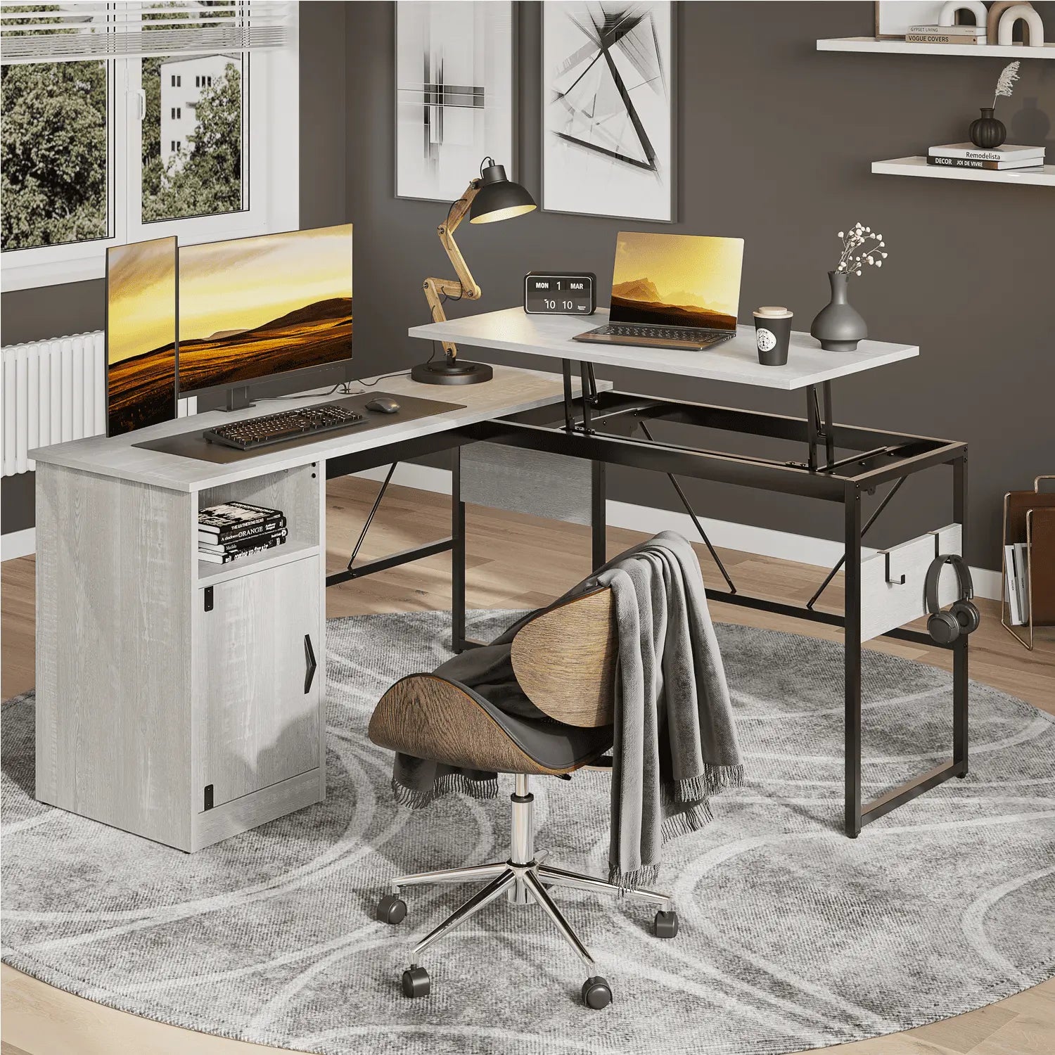 the wash white l shaped standing desk with file cabinet
