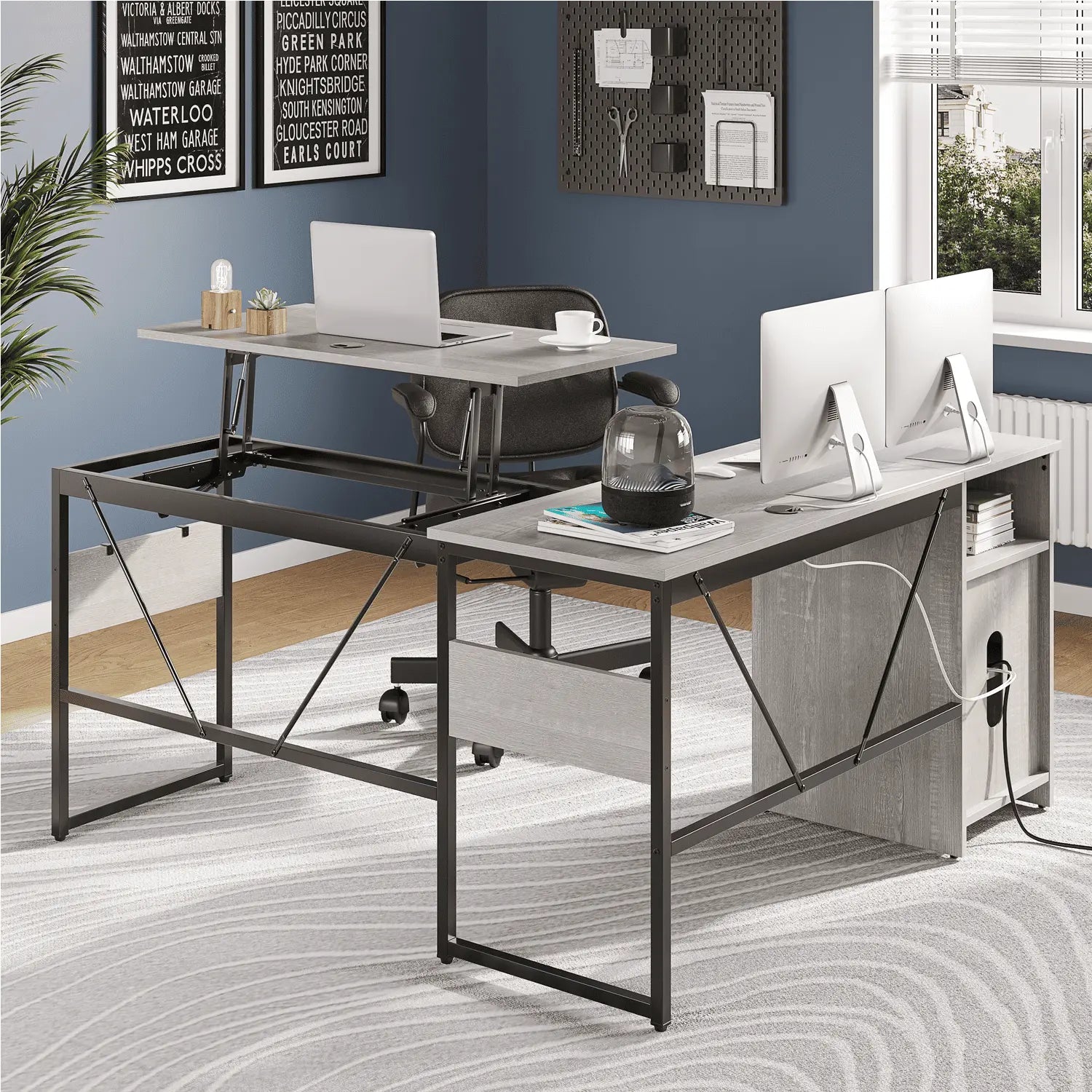 the wash white l shaped standing desk with file cabinet in a room