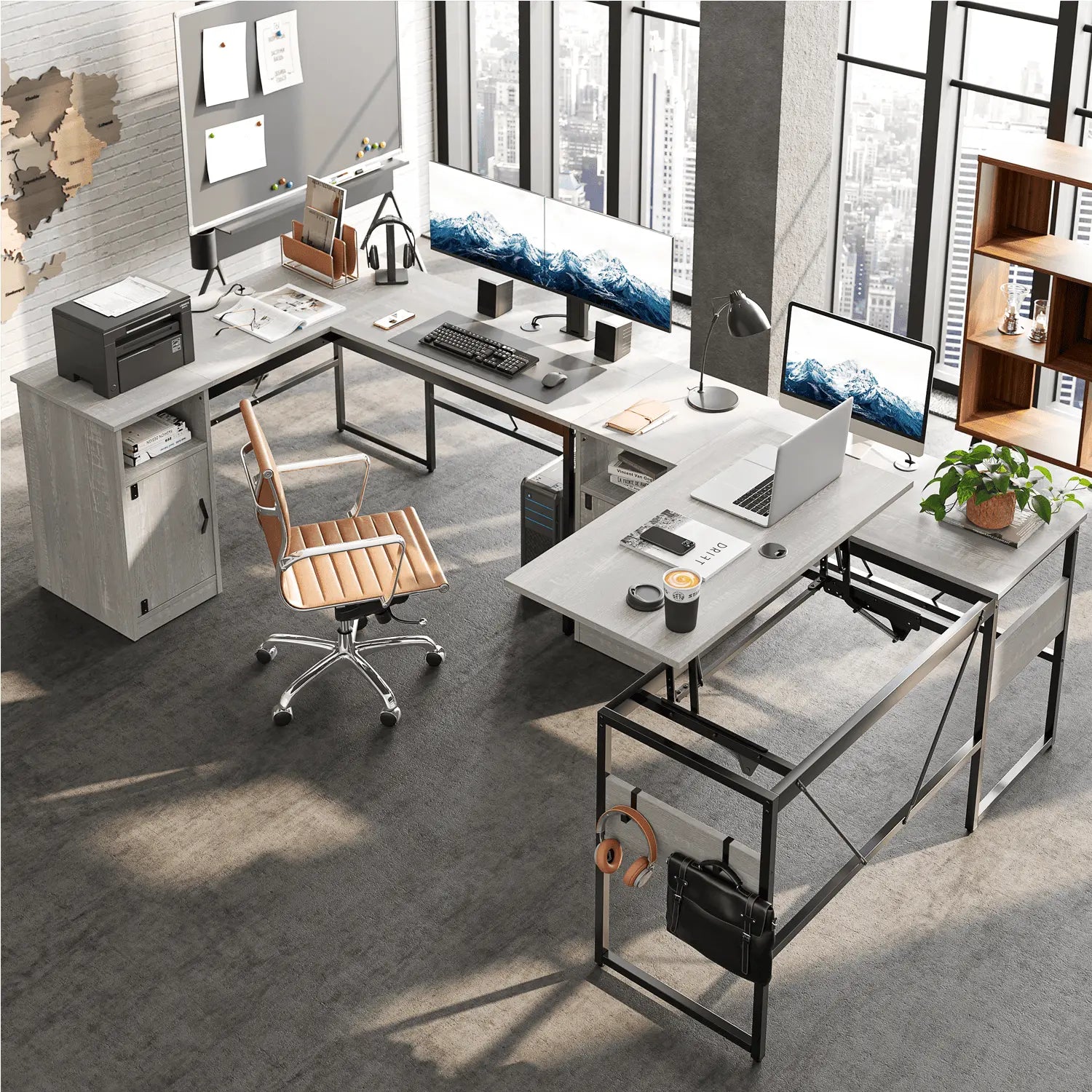 the wash white l shaped standing desk with file cabinet in a home office