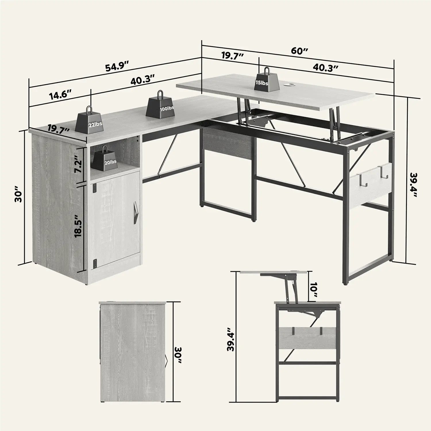 the size of this l shaped standing desk with file cabinet