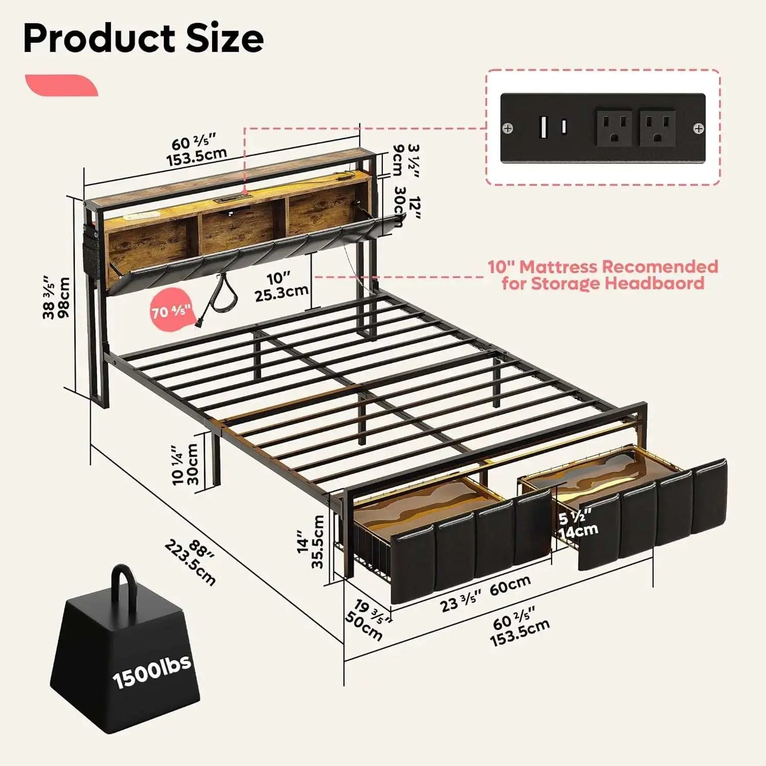 Bestier LED Bed Frame with Hidden Storage Headboard, Upholstered Platform Bed with Charging Station