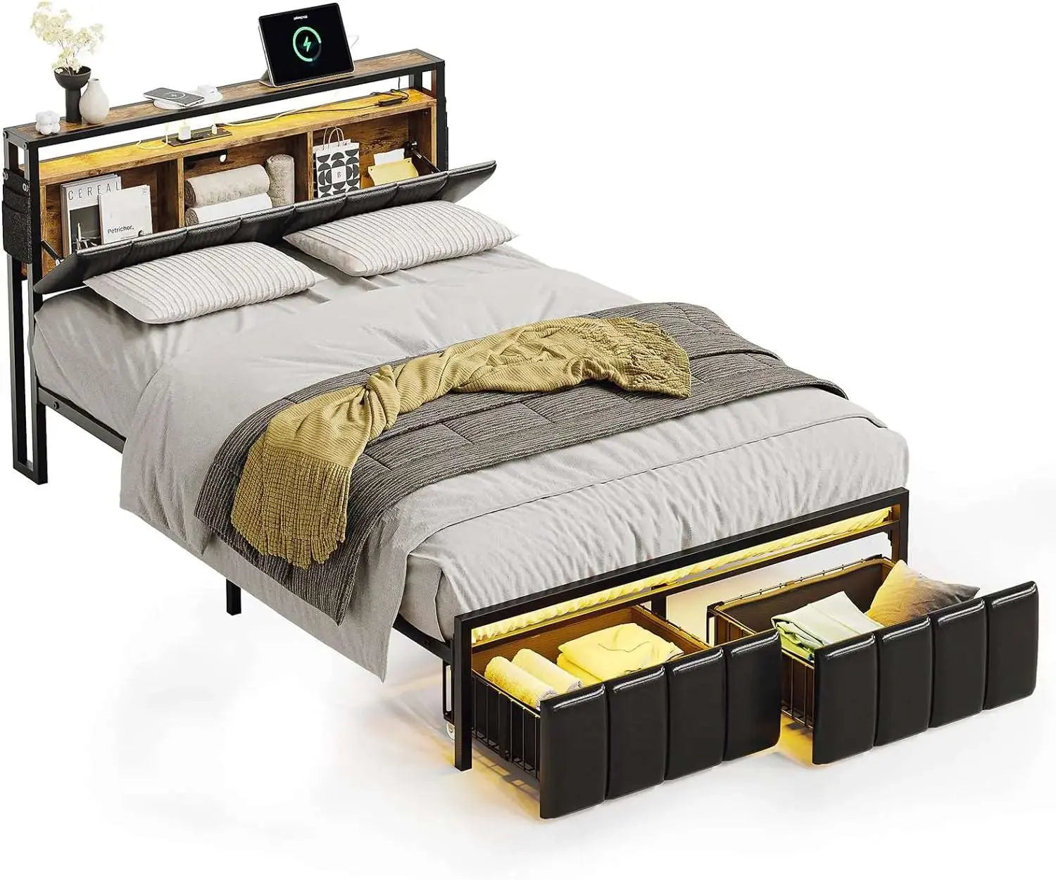 LED Bed Frame with Hidden Storage Headboard, Upholstered Platform Bed with Charging Station