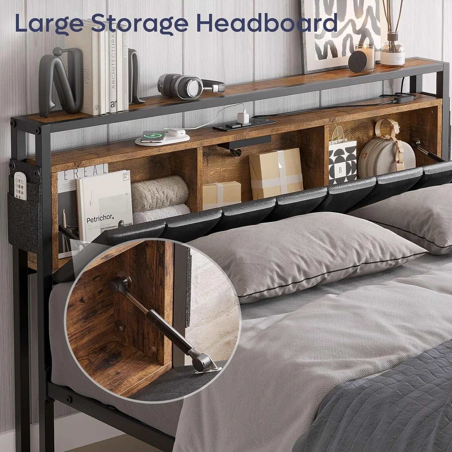 Upholstered Platform Bed with Charging Station