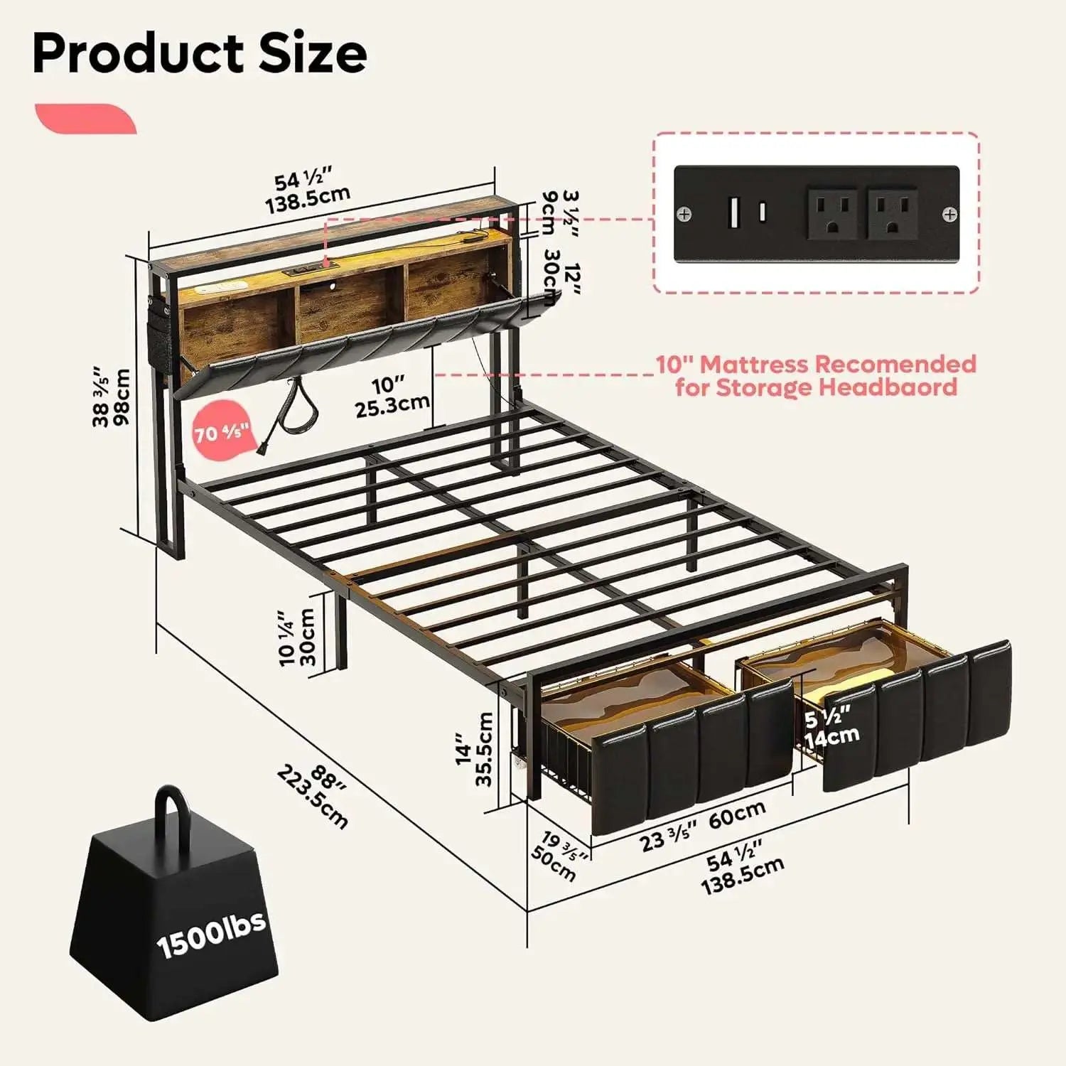 the size of LED Bed Frame with Hidden Storage Headboard