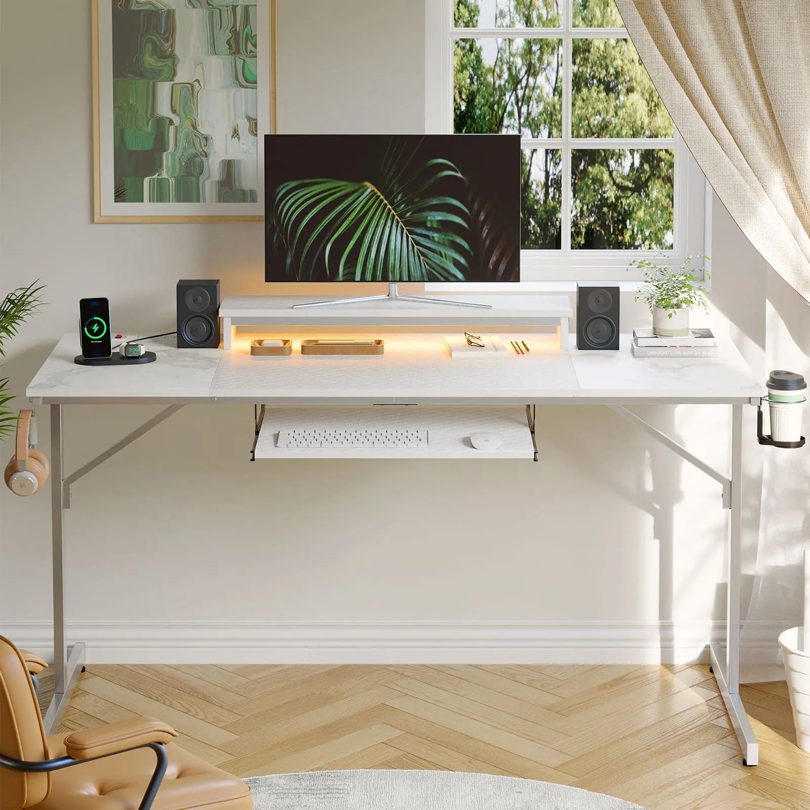 the white led gaming desk with keyboard tray