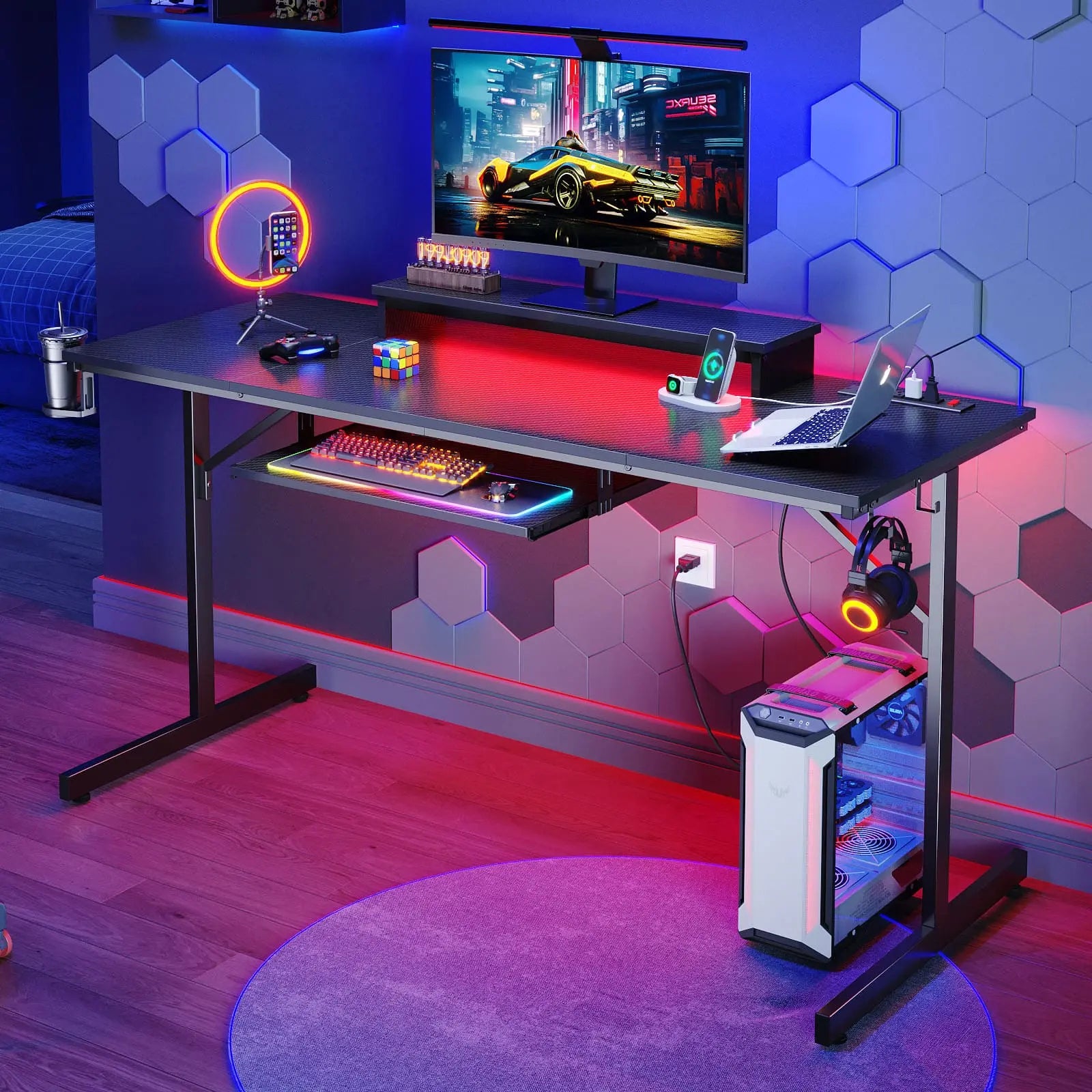 the black led gaming desk in a room