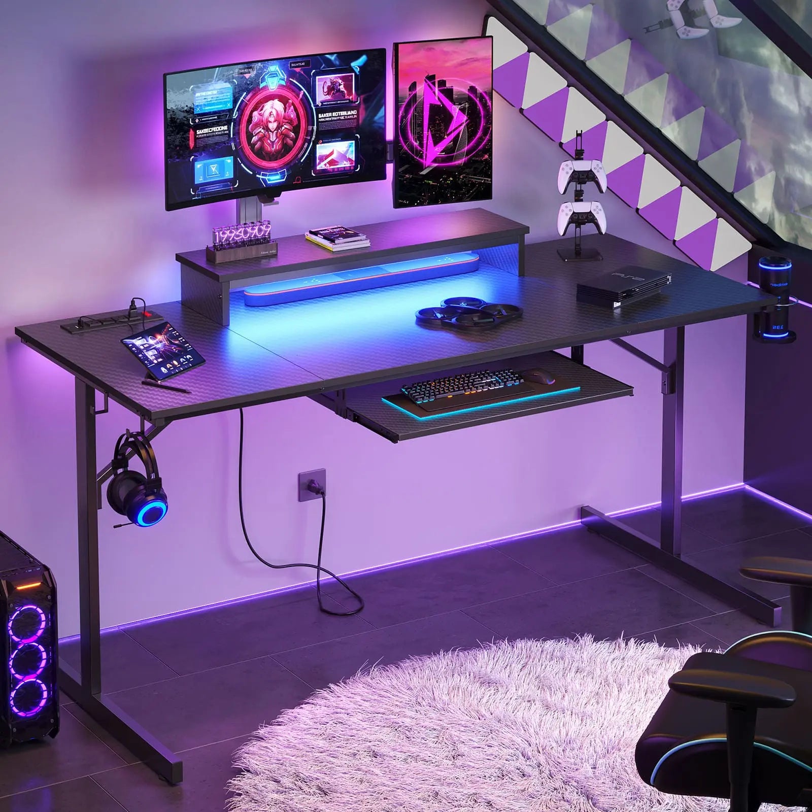 the black led gaming desk in a gaming room