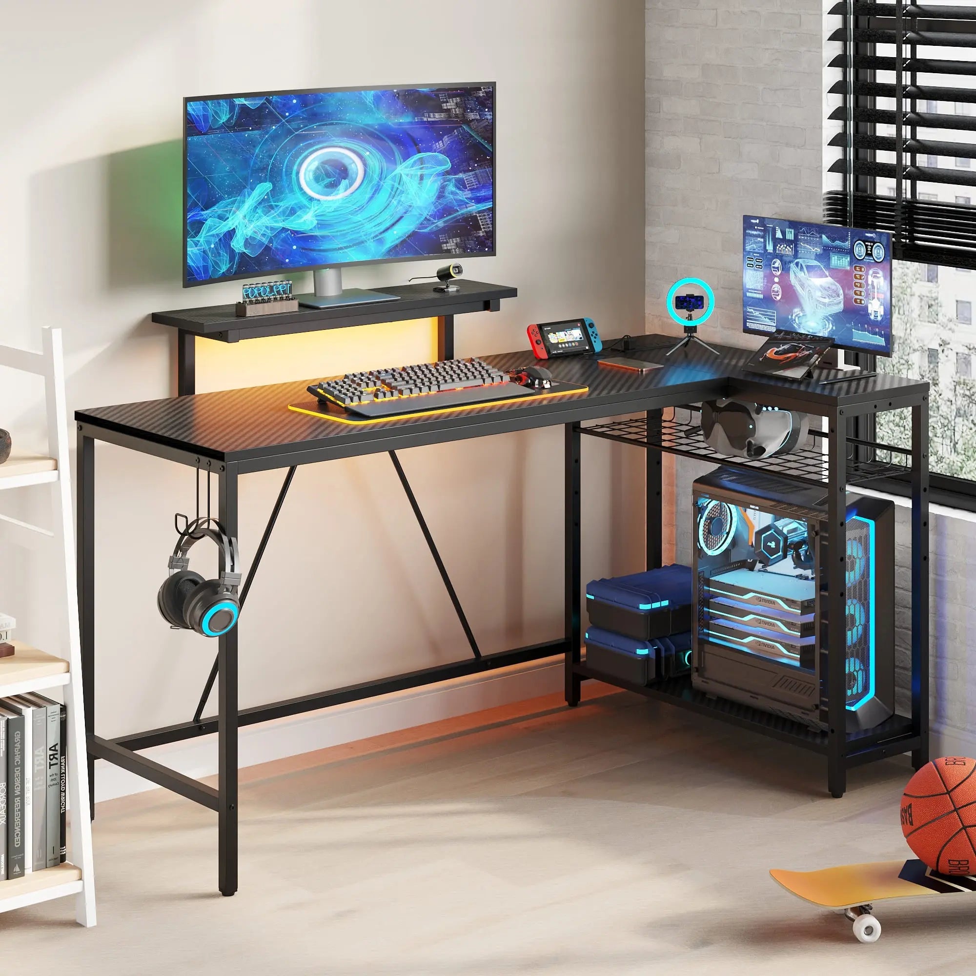 the black led l shaped gaming desk in a room