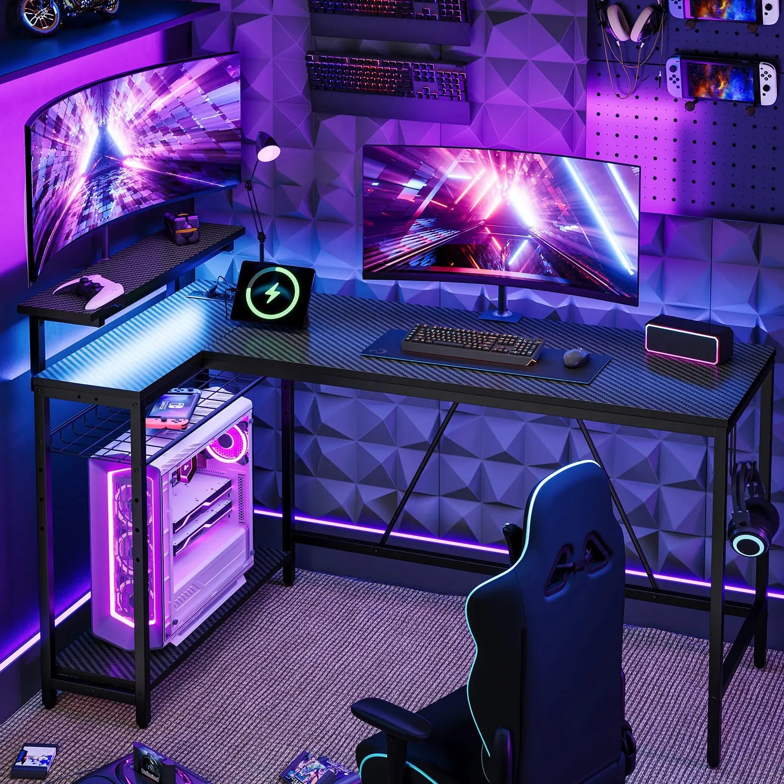 the black led l shaped gaming desk in the gaming room