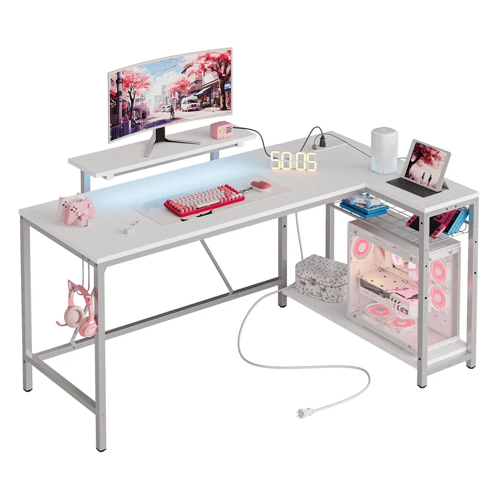 the white led l shaped gaming desk in the white background