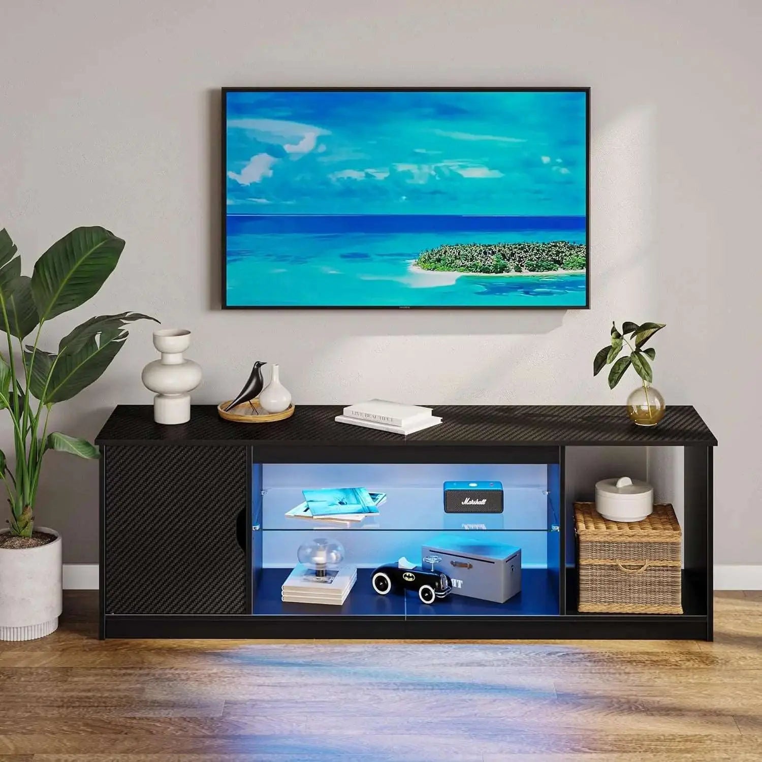 Bestier Led Entertainment Center for PS5, Gaming TV Stand with Cabinet for 65/70 Inch TV, Modern TV Console with Adjustable Glass Shelf for Living Room Bedroom Gaming Room Easy Assembly Carbon Fiber - Bestier