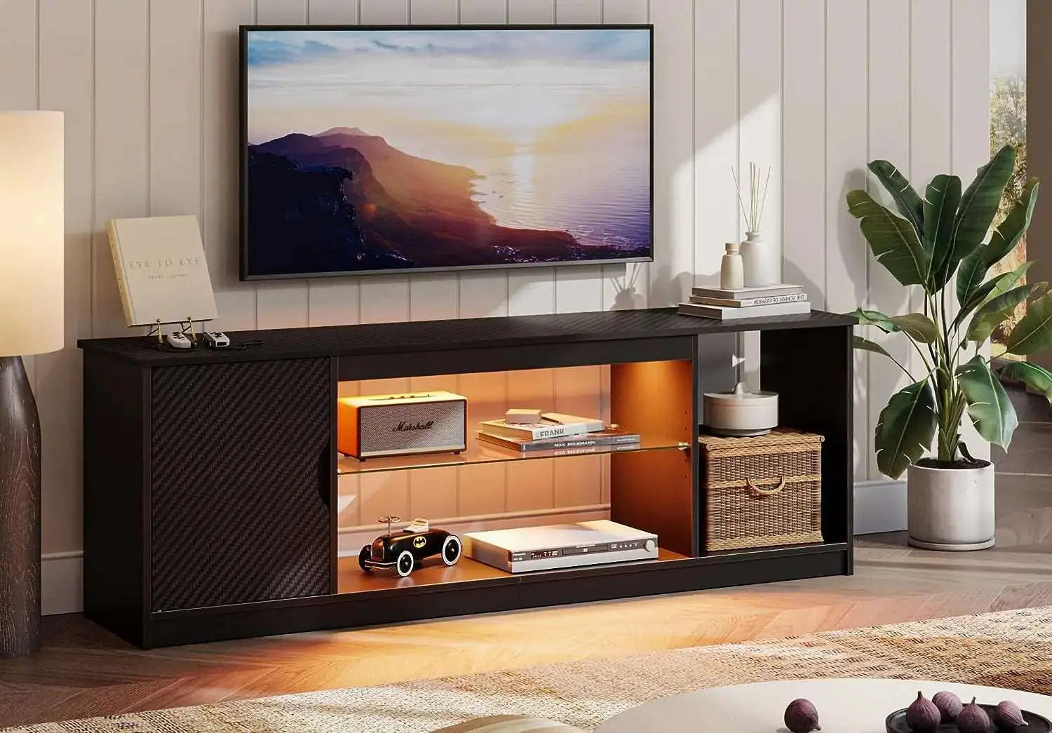 Bestier Led Entertainment Center for PS5, Gaming TV Stand of Black Carbon Fiber with Cabinet for 65/70 Inch TV, Modern TV Console with Adjustable Glass Shelf for Living Room Bedroom Gaming Room