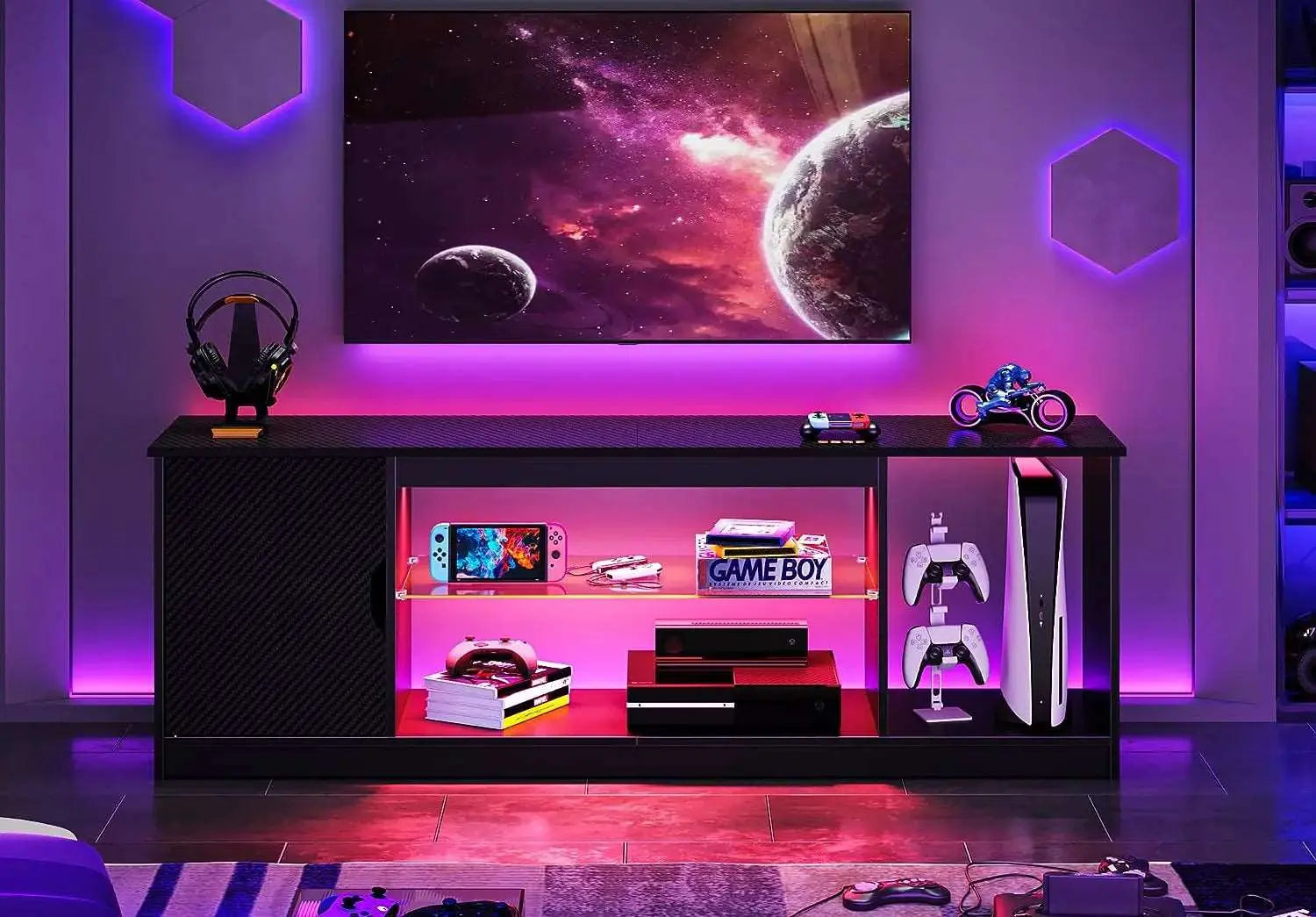 Led Entertainment Center for PS5, Gaming TV Stand with Cabinet for 65/70 Inch TV, Modern TV Console with Adjustable Glass Shelf for Living Room Bedroom Gaming Room