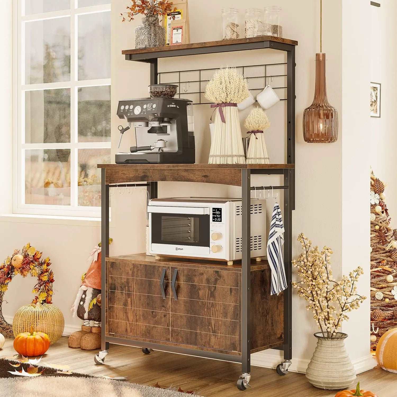 Bestier Microwave Stand of Rustic Brown with Storage Cabinet Bakers Racks Bestier