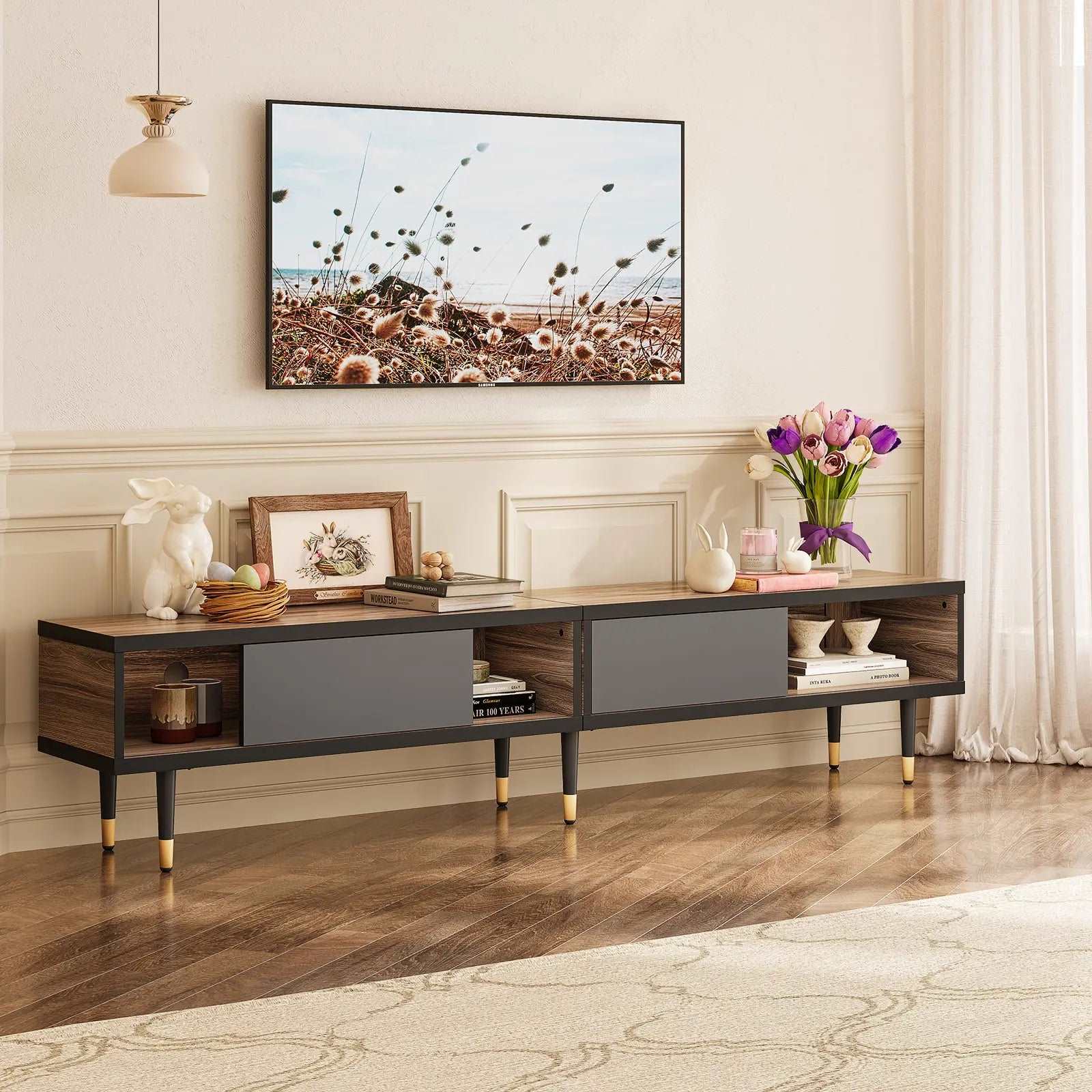 Bestier Mid-Century TV Stand of pinewood for TVs up to 85'' Multifunction Entertainment Center for Corner Bestier