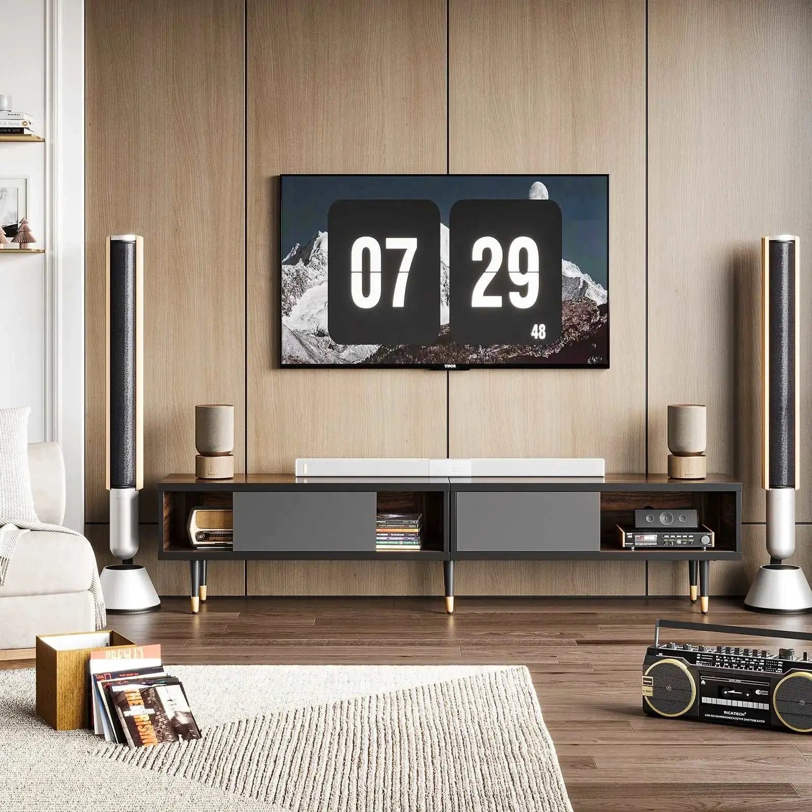 Mid-Century TV Stand of walnut for TVs up to 85'' Multifunction Entertainment Center for Corner