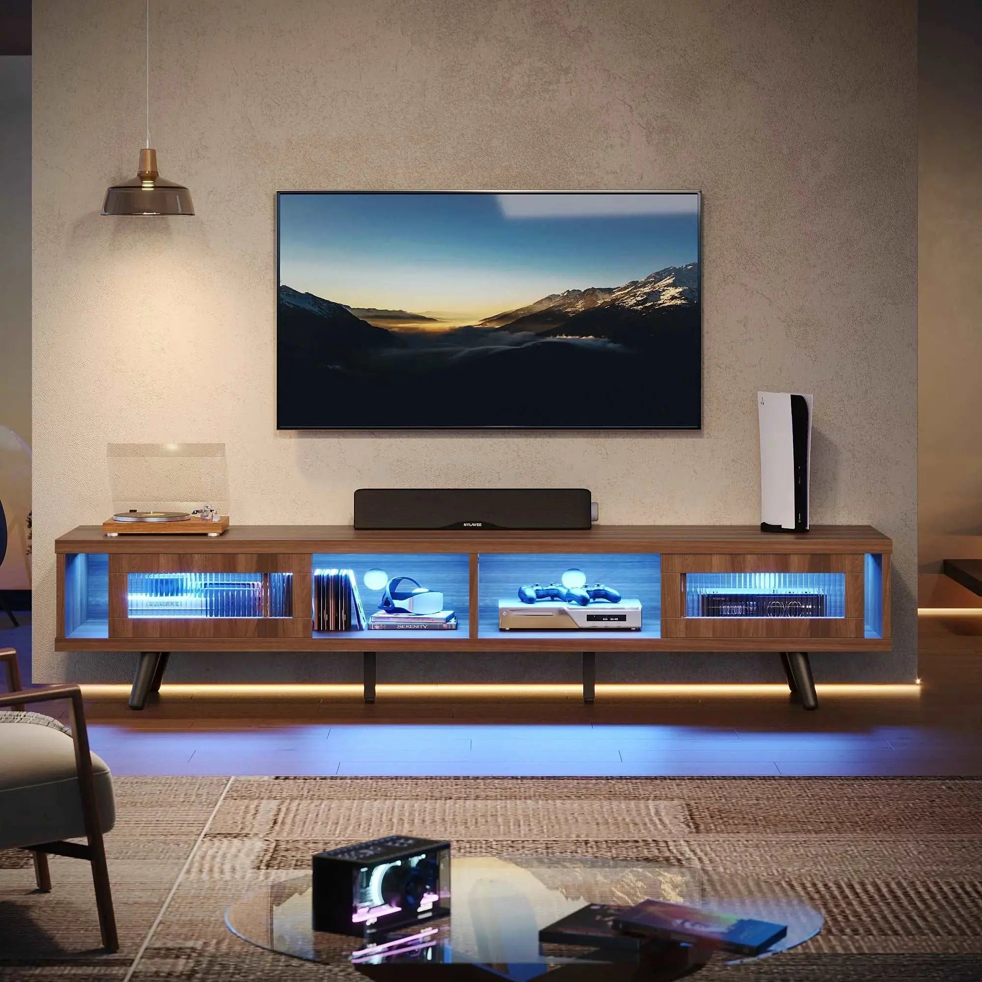 70 inch LED Modern Low Profile TV Consoles of Ancona Walnut with storage for living room