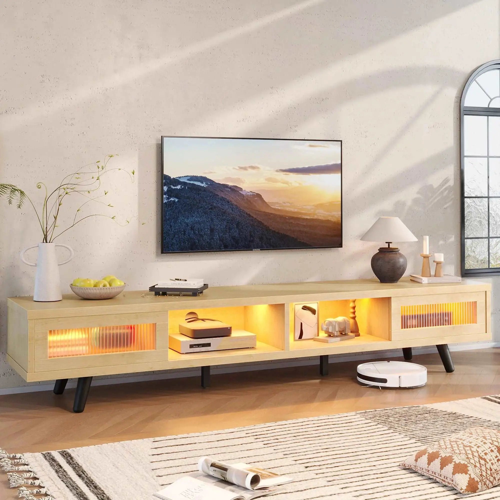 Bestier 70 inch LED Modern Low Profile TV Consoles of White Maple with storage for living room