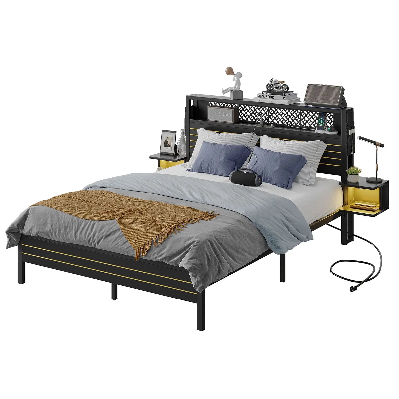 queen bed frame with horizontal golden stripe storage headboard Bestier