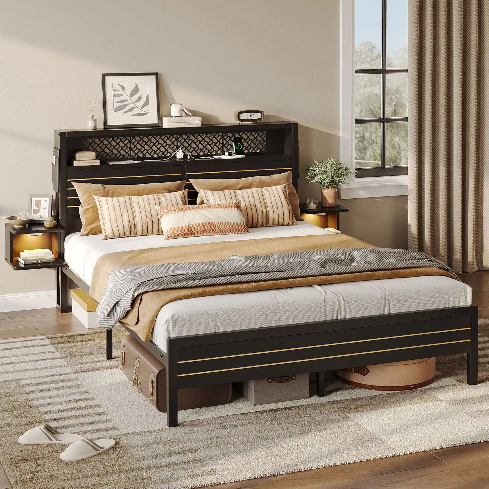 queen bed frame with horizontal golden stripe storage headboard Bestier