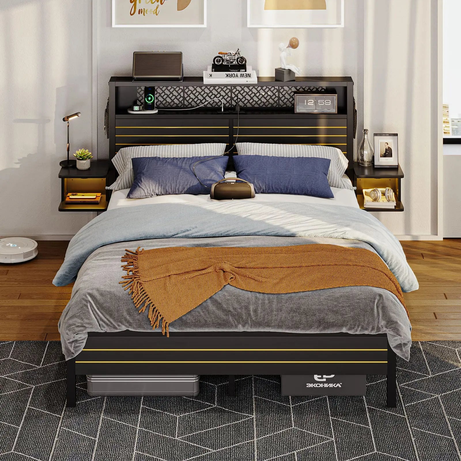 queen bed frame with horizontal golden stripe storage headboard Bestier