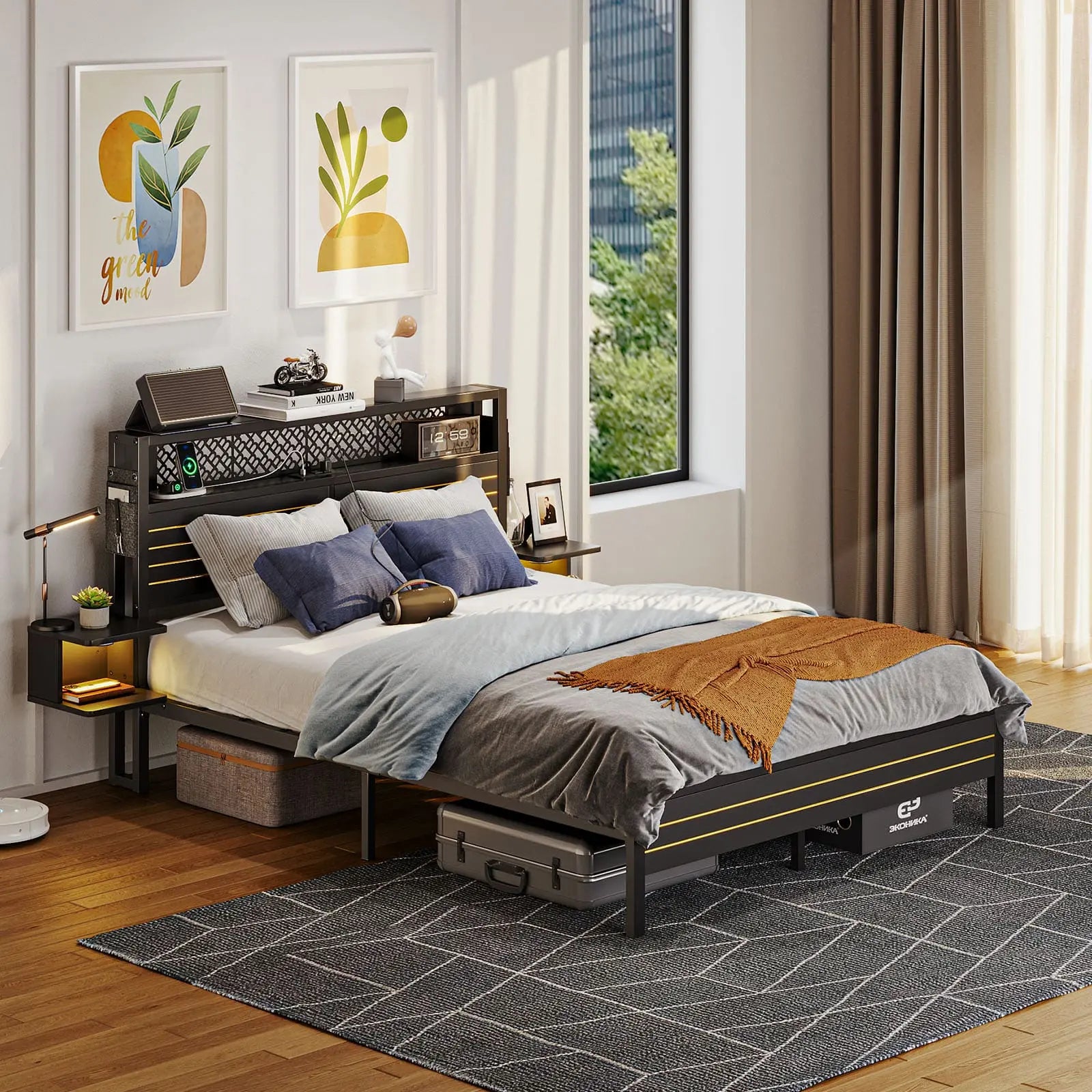 queen bed frame with horizontal golden stripe storage headboard Bestier