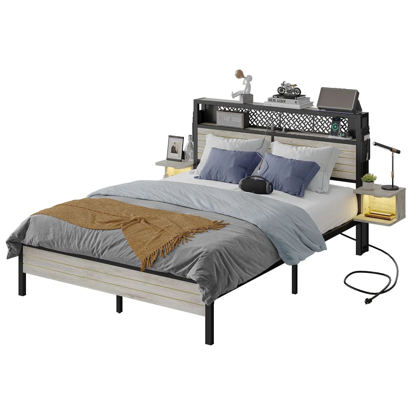 queen bed frame with horizontal golden stripe storage headboard Bestier