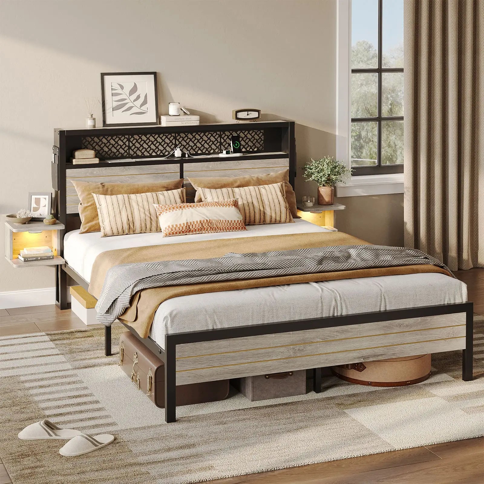 queen bed frame with horizontal golden stripe storage headboard Bestier