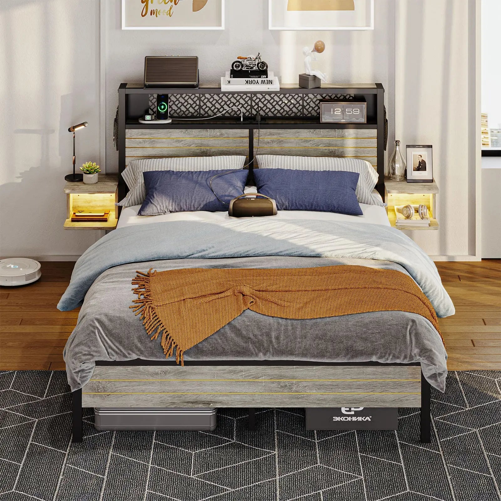 queen bed frame with horizontal golden stripe storage headboard Bestier