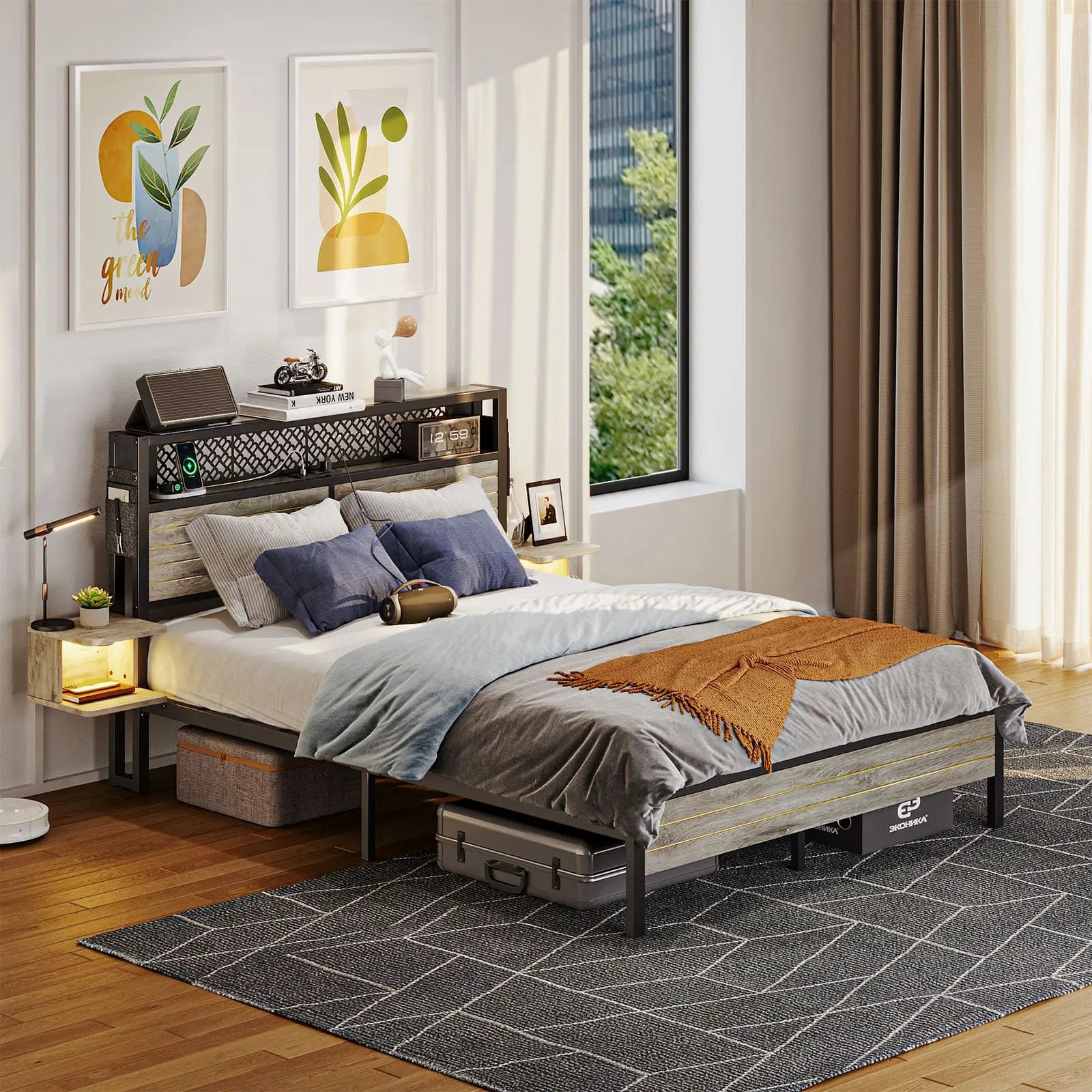 queen bed frame with horizontal golden stripe storage headboard Bestier