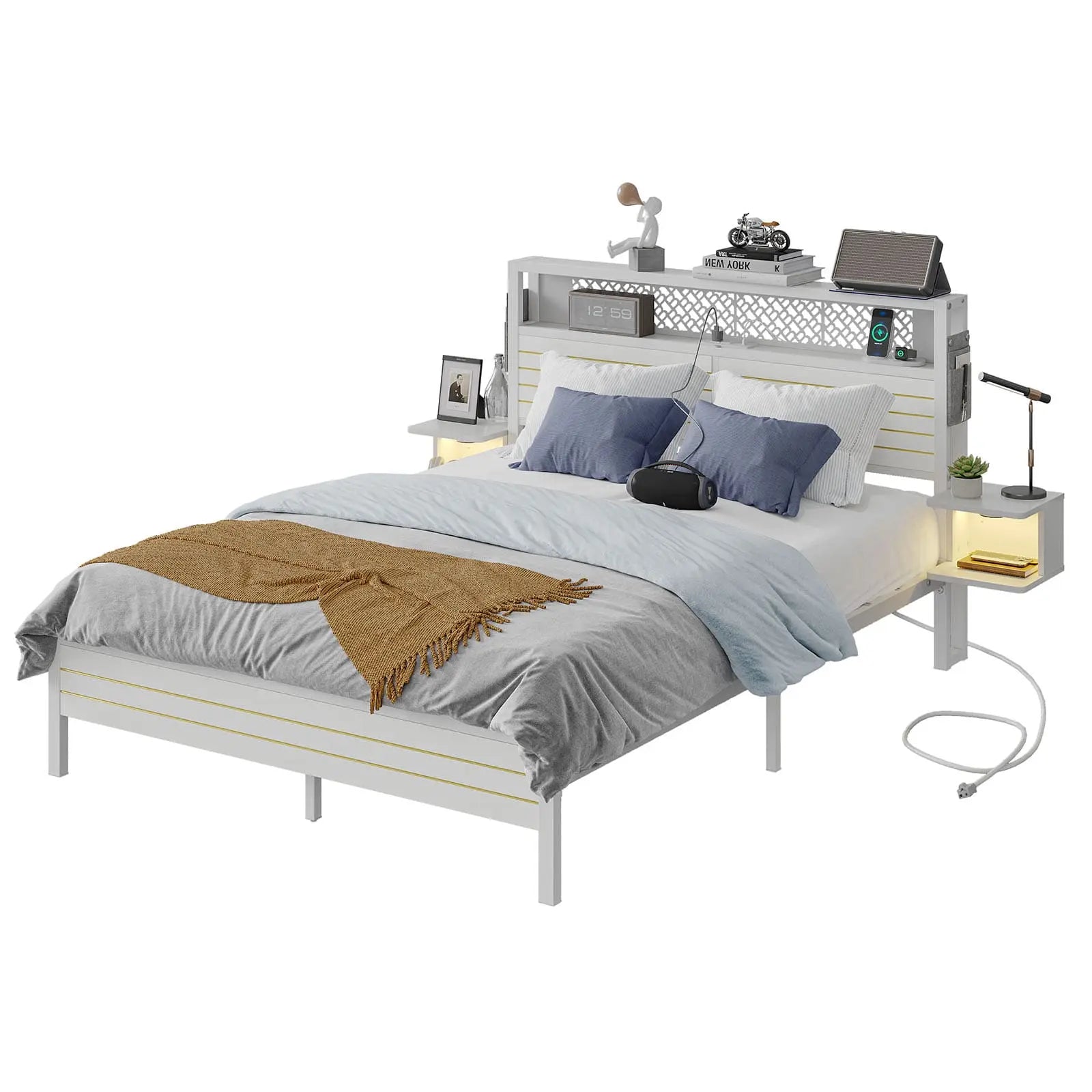 queen bed frame with horizontal golden stripe storage headboard Bestier