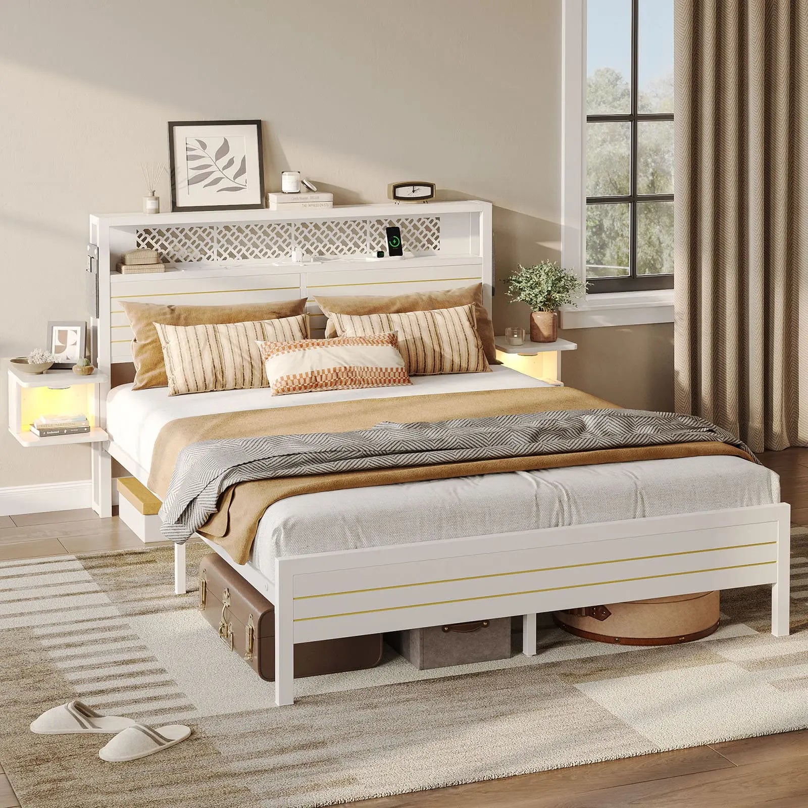 queen bed frame with horizontal golden stripe storage headboard Bestier