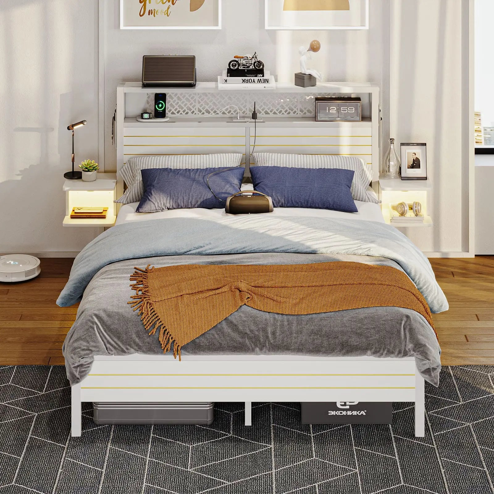 queen bed frame with horizontal golden stripe storage headboard Bestier