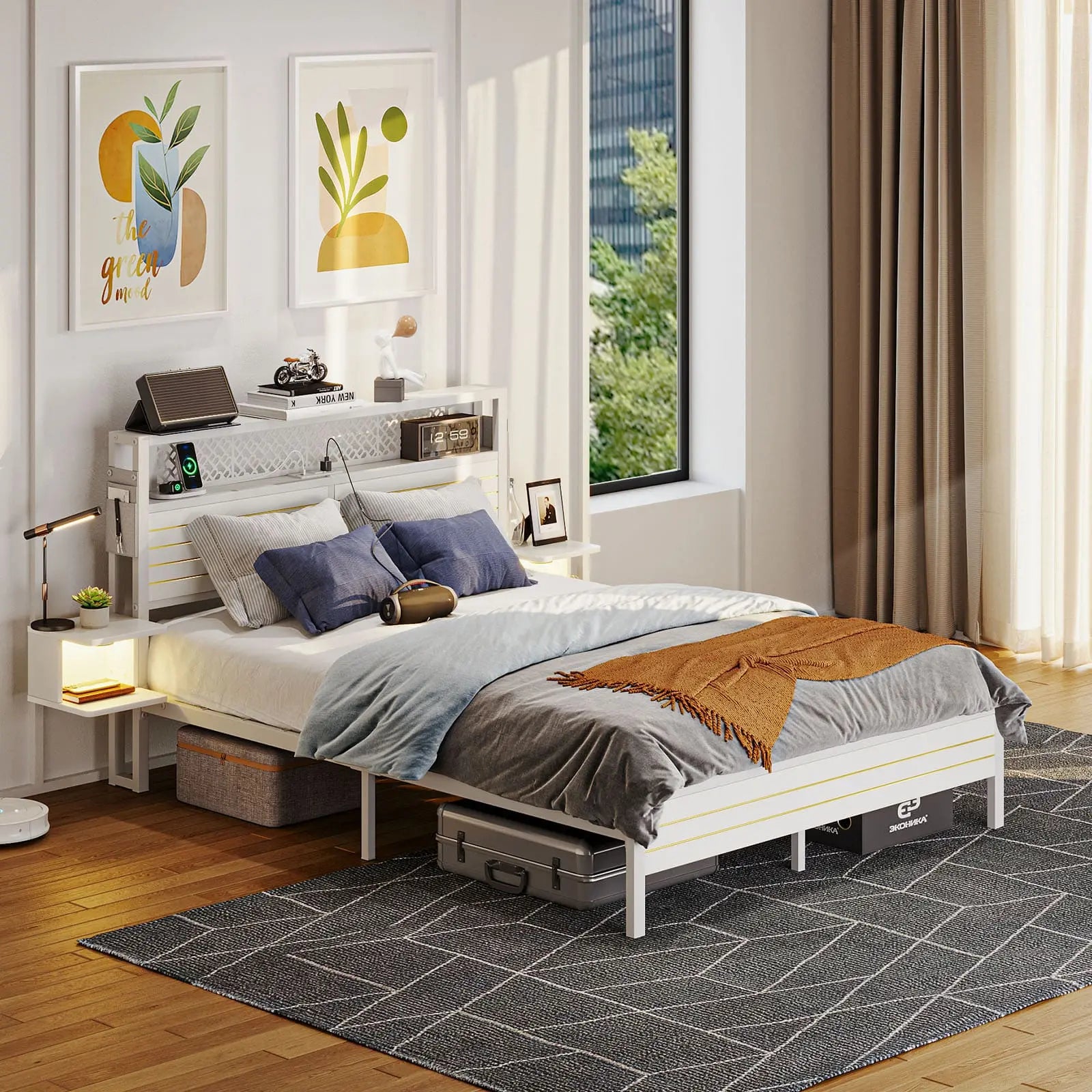 queen bed frame with horizontal golden stripe storage headboard Bestier