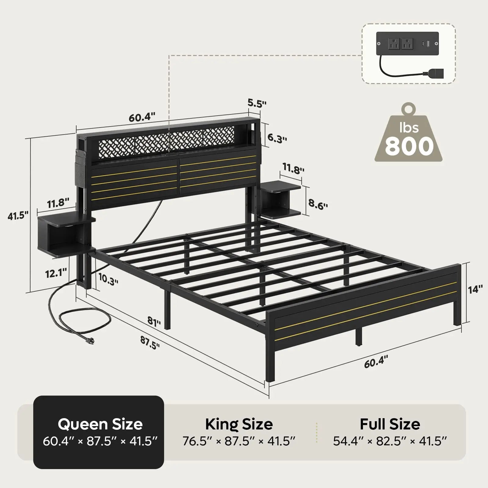 queen bed frame with horizontal golden stripe storage headboard Bestier
